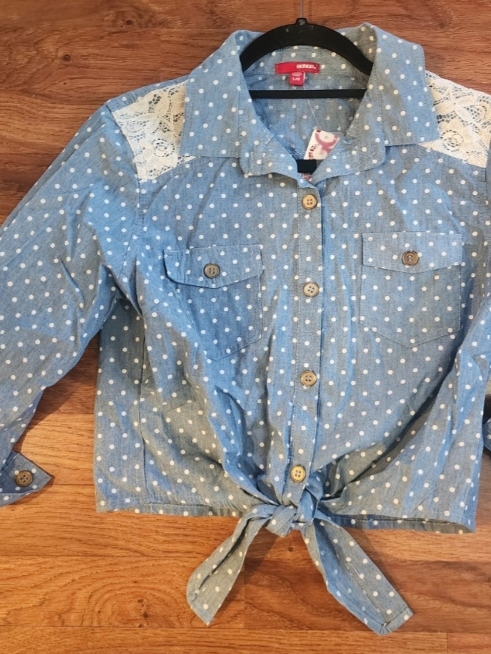 NWT Vintage Juniors Large BONGO Lt. Blue Polka Dot Tie-Front Lace Western Shirt
